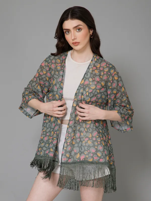 Green_Georgette_Floral_Print_3/4Th_Sleeve_Thigh_Length_Kimono_Style_Shrug_For_Women_&_Girls