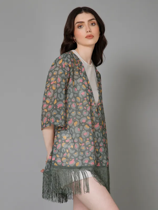 Green_Georgette_Floral_Print_3/4Th_Sleeve_Thigh_Length_Kimono_Style_Shrug_For_Women_&_Girls
