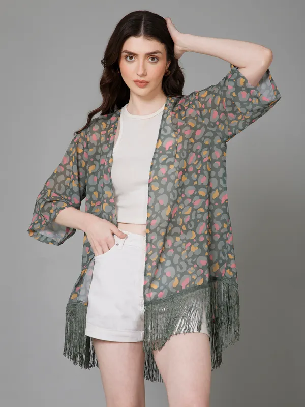Green_Georgette_Floral_Print_3/4Th_Sleeve_Thigh_Length_Kimono_Style_Shrug_For_Women_&_Girls