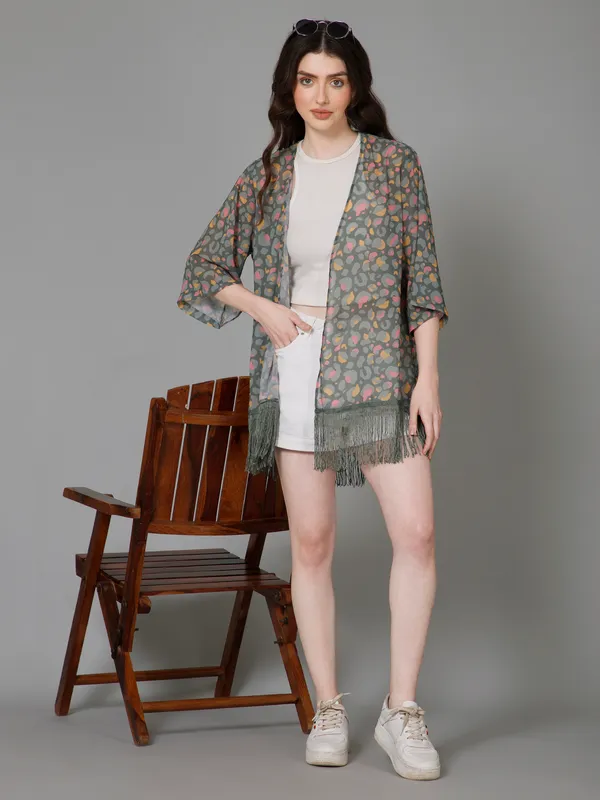Green_Georgette_Floral_Print_3/4Th_Sleeve_Thigh_Length_Kimono_Style_Shrug_For_Women_&_Girls