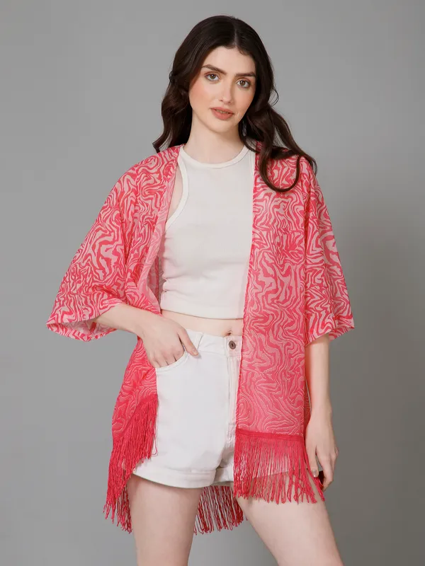 Pink_Georgette_Abstract_3/4Th_Sleeve_Thigh_Length_Kimono_Style_Shrug_For_Women_&_Girls