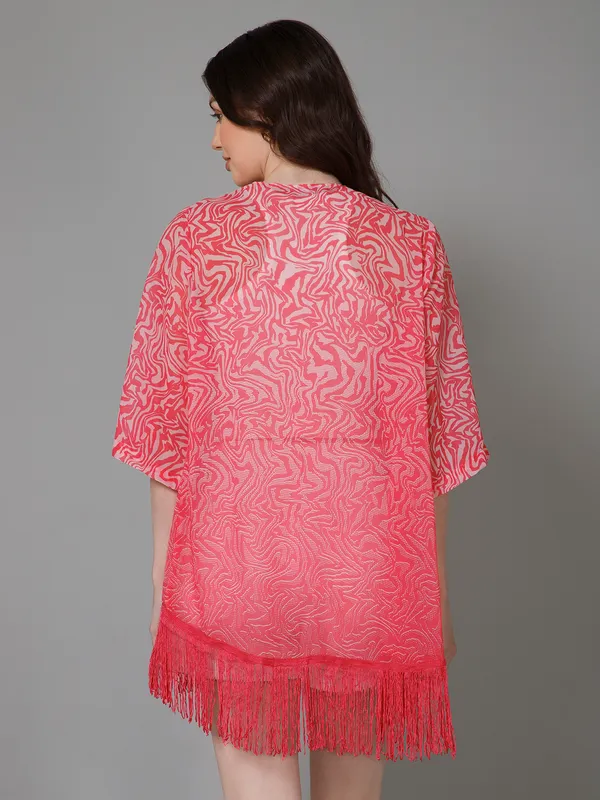 Pink_Georgette_Abstract_3/4Th_Sleeve_Thigh_Length_Kimono_Style_Shrug_For_Women_&_Girls