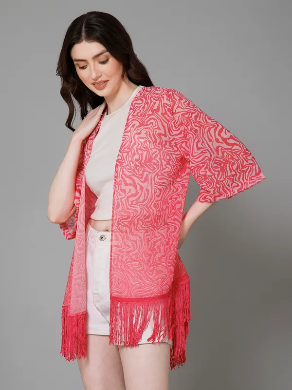Pink_Georgette_Abstract_3/4Th_Sleeve_Thigh_Length_Kimono_Style_Shrug_For_Women_&_Girls