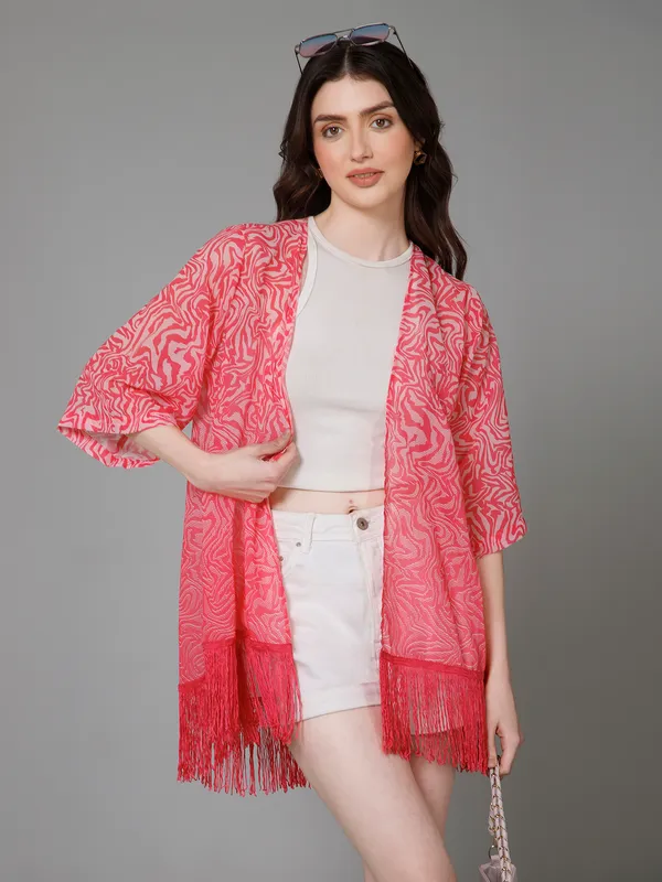 Pink_Georgette_Abstract_3/4Th_Sleeve_Thigh_Length_Kimono_Style_Shrug_For_Women_&_Girls