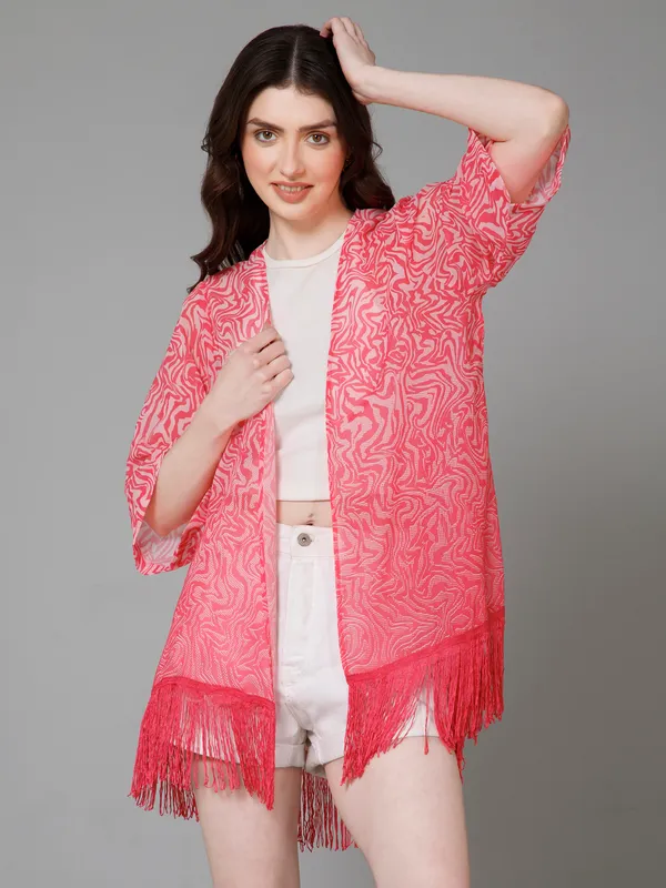 Pink_Georgette_Abstract_3/4Th_Sleeve_Thigh_Length_Kimono_Style_Shrug_For_Women_&_Girls