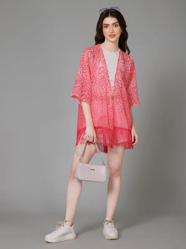 Pink_Georgette_Abstract_3/4Th_Sleeve_Thigh_Length_Kimono_Style_Shrug_For_Women_&_Girls