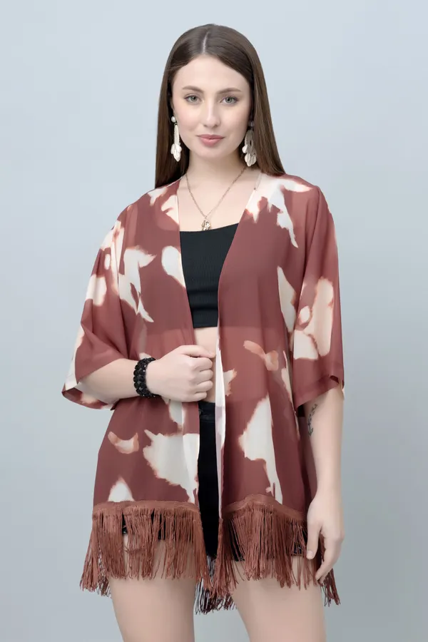 Brown_Georgette_Abstract_3/4Th_Sleeve_Thigh_Length_Kimono_Style_Shrug_For_Women_&_Girls