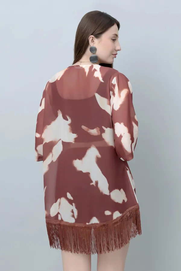 Brown_Georgette_Abstract_3/4Th_Sleeve_Thigh_Length_Kimono_Style_Shrug_For_Women_&_Girls