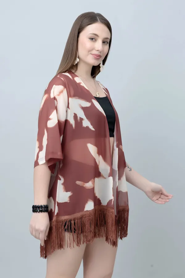Brown_Georgette_Abstract_3/4Th_Sleeve_Thigh_Length_Kimono_Style_Shrug_For_Women_&_Girls