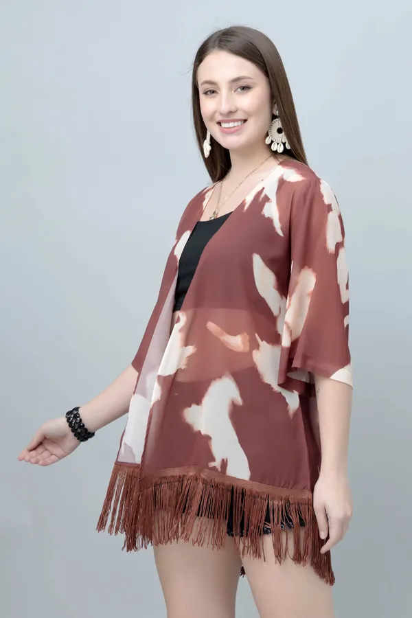 Brown_Georgette_Abstract_3/4Th_Sleeve_Thigh_Length_Kimono_Style_Shrug_For_Women_&_Girls