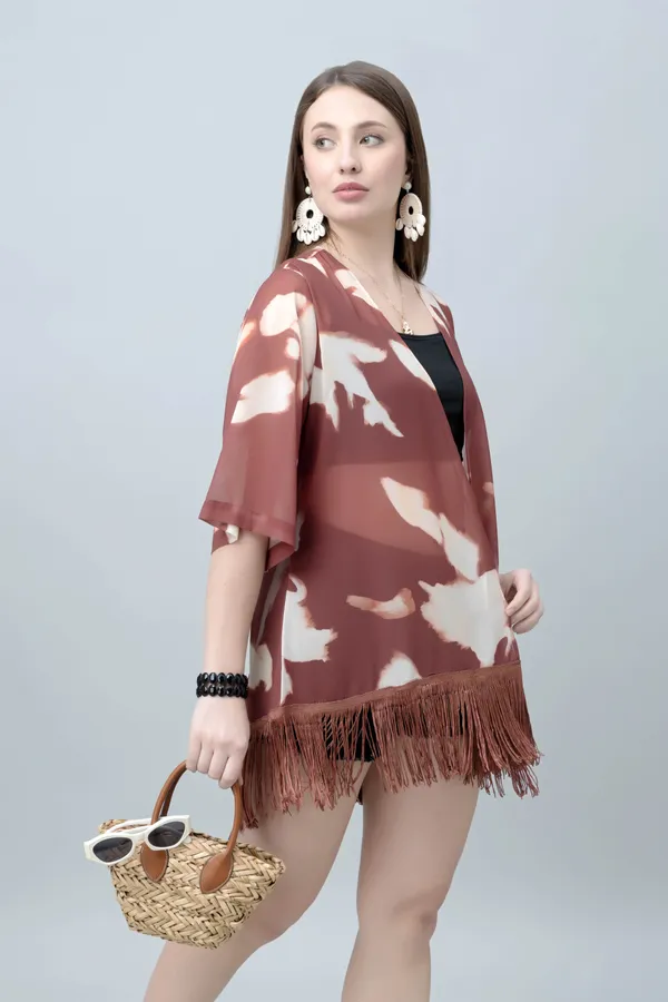 Brown_Georgette_Abstract_3/4Th_Sleeve_Thigh_Length_Kimono_Style_Shrug_For_Women_&_Girls