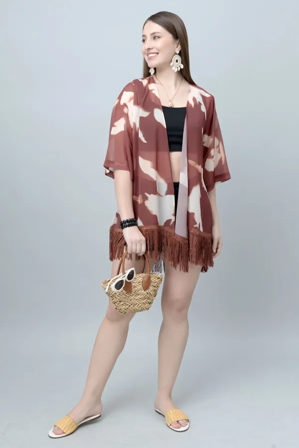 Brown_Georgette_Abstract_3/4Th_Sleeve_Thigh_Length_Kimono_Style_Shrug_For_Women_&_Girls