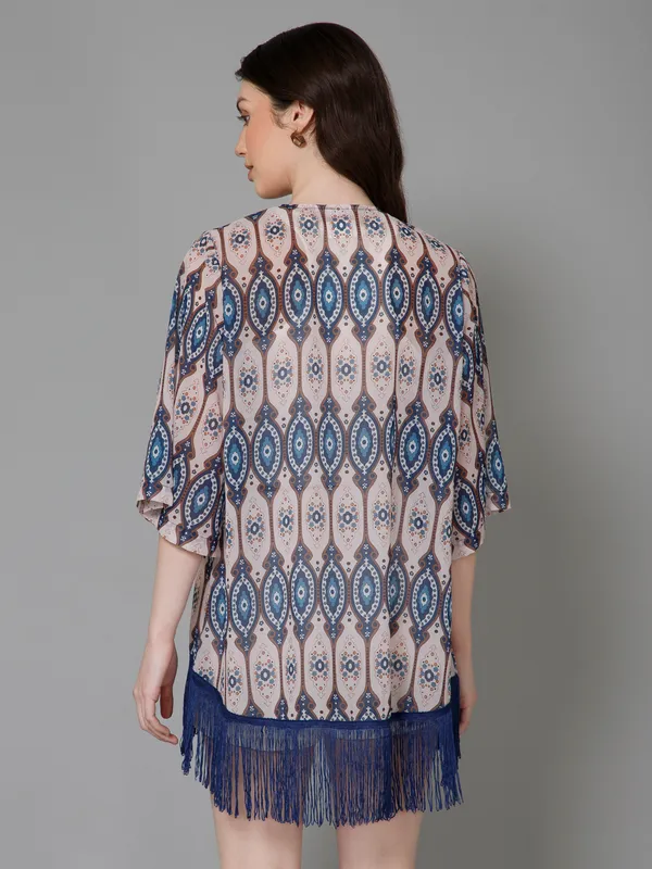 White_&_Blue_Georgette_Abstract_3/4Th_Sleeve_Thigh_Length_Kimono_Style_Shrug_For_Women_&_Girls