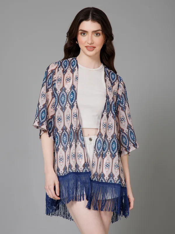 White_&_Blue_Georgette_Abstract_3/4Th_Sleeve_Thigh_Length_Kimono_Style_Shrug_For_Women_&_Girls