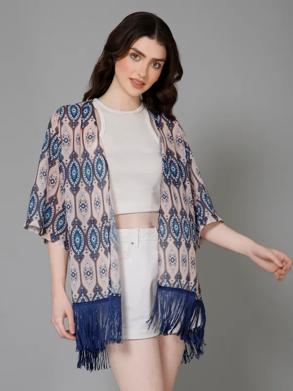 White_&_Blue_Georgette_Abstract_3/4Th_Sleeve_Thigh_Length_Kimono_Style_Shrug_For_Women_&_Girls