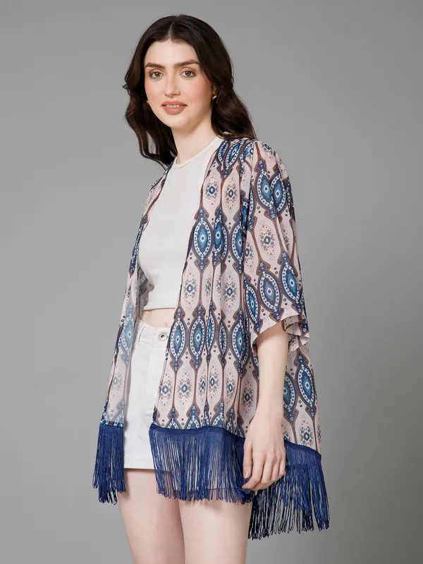 White_&_Blue_Georgette_Abstract_3/4Th_Sleeve_Thigh_Length_Kimono_Style_Shrug_For_Women_&_Girls