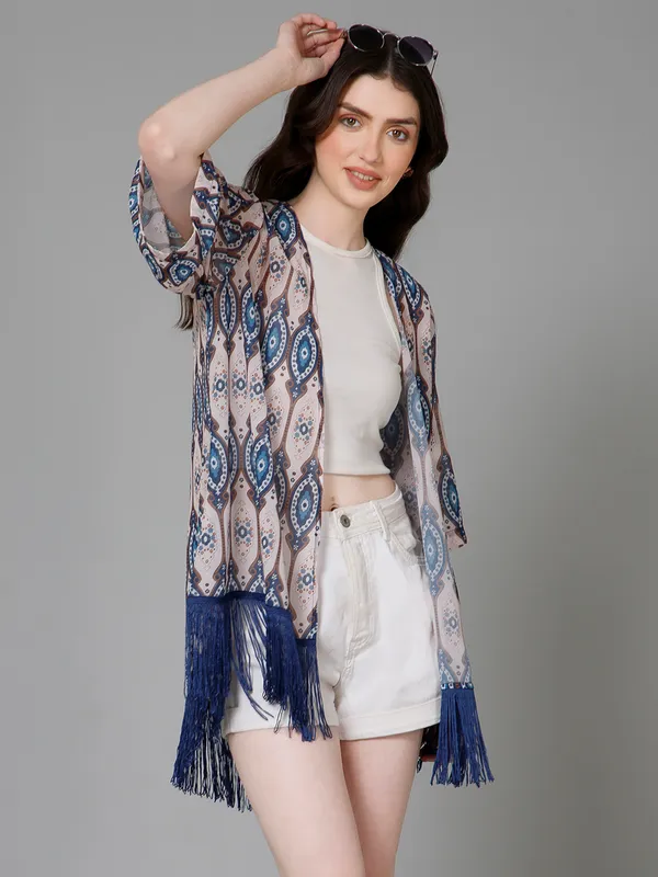 White_&_Blue_Georgette_Abstract_3/4Th_Sleeve_Thigh_Length_Kimono_Style_Shrug_For_Women_&_Girls