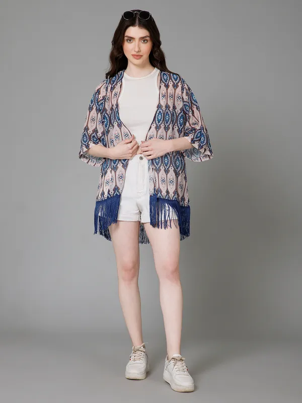 White_&_Blue_Georgette_Abstract_3/4Th_Sleeve_Thigh_Length_Kimono_Style_Shrug_For_Women_&_Girls