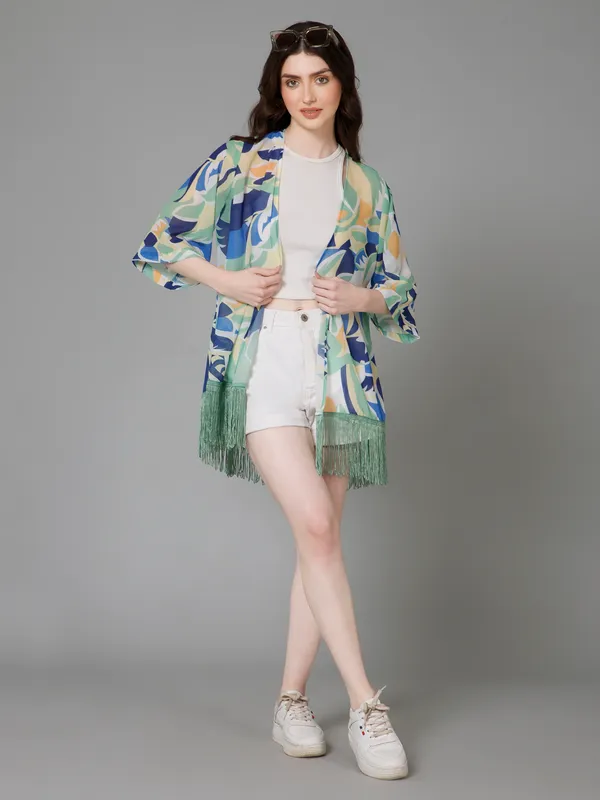 White_&_Green_Georgette_Abstract_3/4Th_Sleeve_Thigh_Length_Kimono_Style_Shrug_For_Women_&_Girls