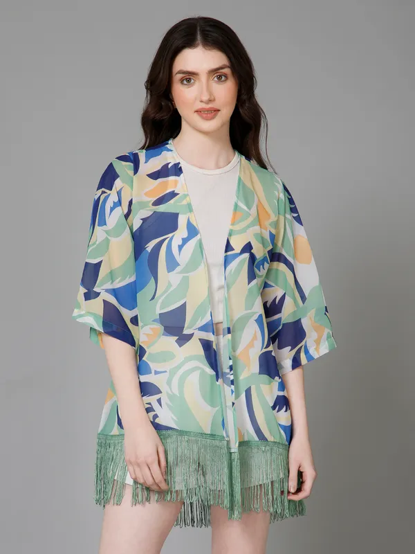 White_&_Green_Georgette_Abstract_3/4Th_Sleeve_Thigh_Length_Kimono_Style_Shrug_For_Women_&_Girls