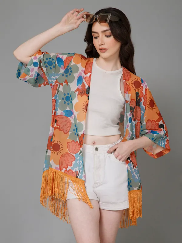 White,_Orange_&_Blue_Georgette_Floral_Print_3/4Th_Sleeve_Thigh_Length_Kimono_Style_Shrug_For_Women_&_Girls