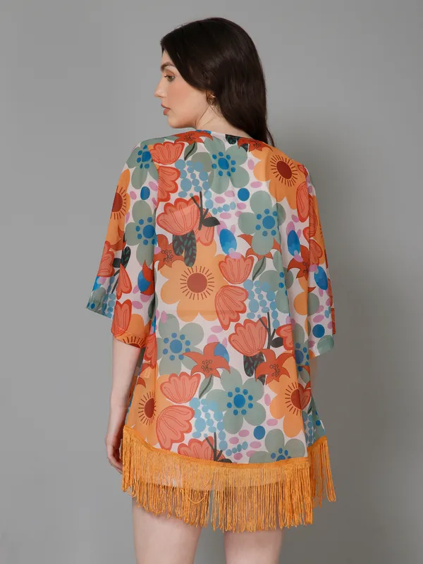 White,_Orange_&_Blue_Georgette_Floral_Print_3/4Th_Sleeve_Thigh_Length_Kimono_Style_Shrug_For_Women_&_Girls