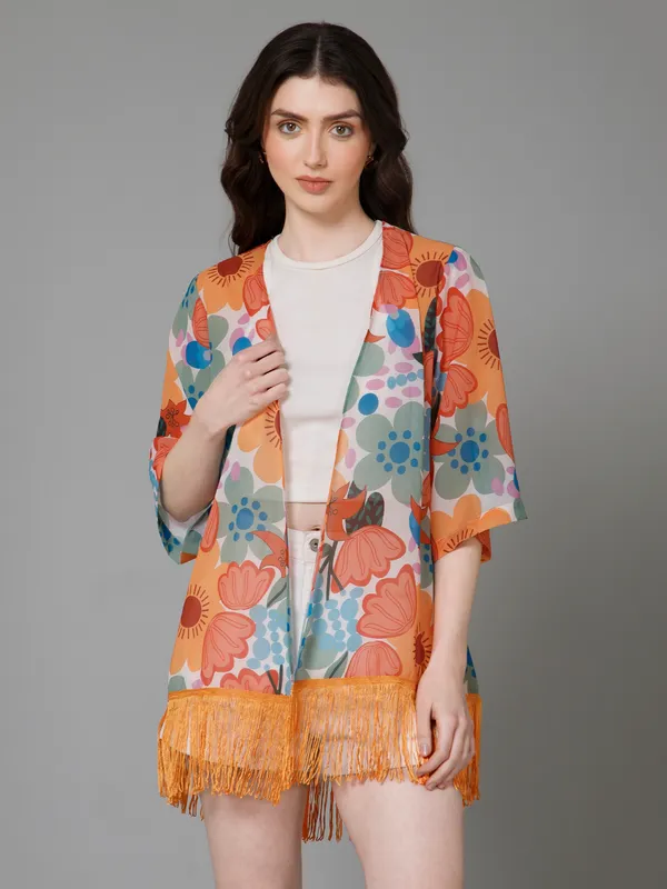 White,_Orange_&_Blue_Georgette_Floral_Print_3/4Th_Sleeve_Thigh_Length_Kimono_Style_Shrug_For_Women_&_Girls