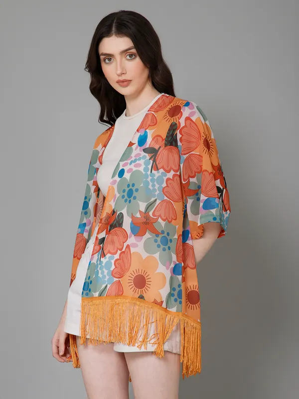 White,_Orange_&_Blue_Georgette_Floral_Print_3/4Th_Sleeve_Thigh_Length_Kimono_Style_Shrug_For_Women_&_Girls