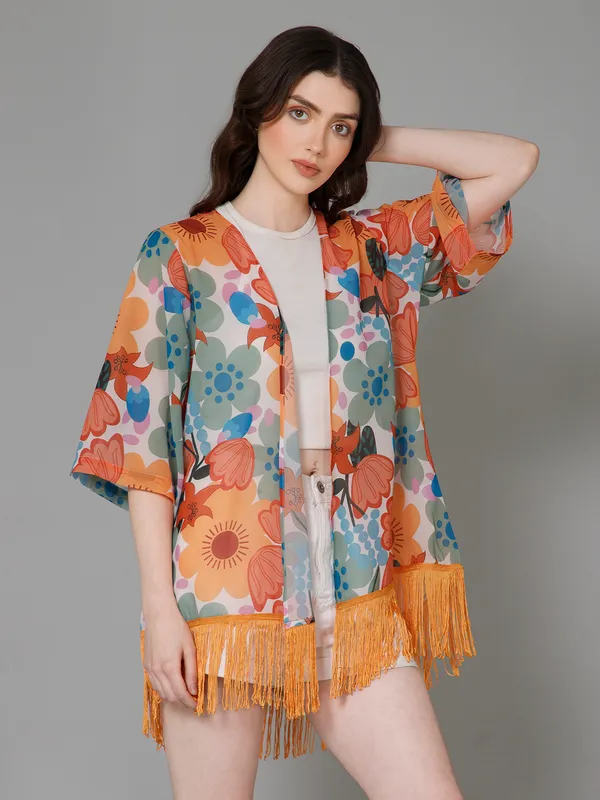White,_Orange_&_Blue_Georgette_Floral_Print_3/4Th_Sleeve_Thigh_Length_Kimono_Style_Shrug_For_Women_&_Girls