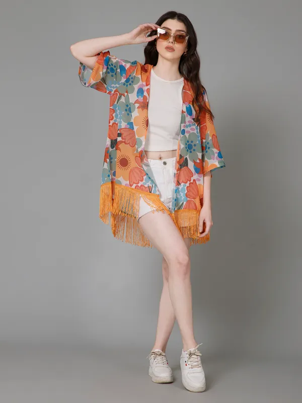 White,_Orange_&_Blue_Georgette_Floral_Print_3/4Th_Sleeve_Thigh_Length_Kimono_Style_Shrug_For_Women_&_Girls