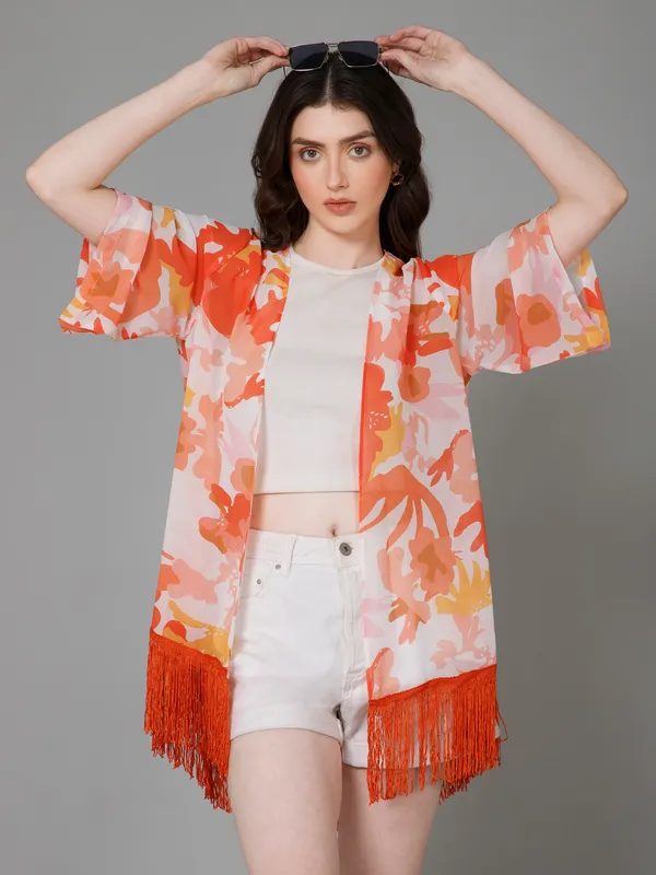 White_&_Orange_Georgette_Floral_Print_3/4Th_Sleeve_Thigh_Length_Kimono_Style_Shrug_For_Women_&_Girls