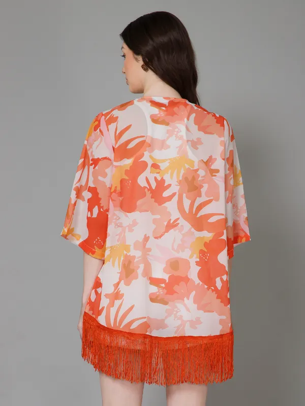 White_&_Orange_Georgette_Floral_Print_3/4Th_Sleeve_Thigh_Length_Kimono_Style_Shrug_For_Women_&_Girls