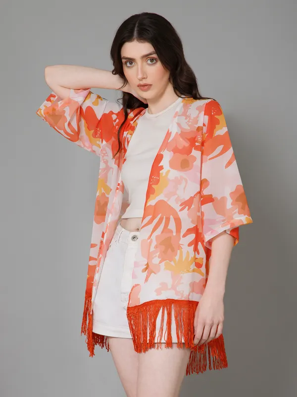 White_&_Orange_Georgette_Floral_Print_3/4Th_Sleeve_Thigh_Length_Kimono_Style_Shrug_For_Women_&_Girls