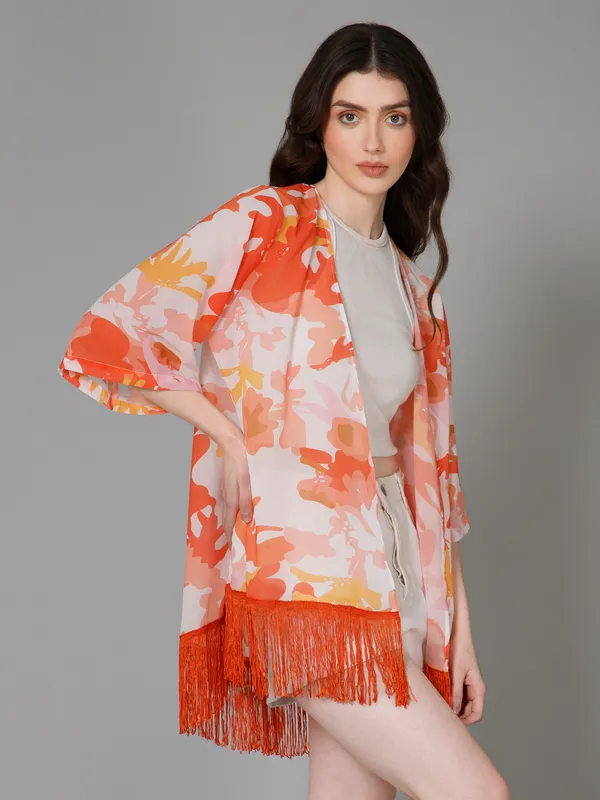 White_&_Orange_Georgette_Floral_Print_3/4Th_Sleeve_Thigh_Length_Kimono_Style_Shrug_For_Women_&_Girls