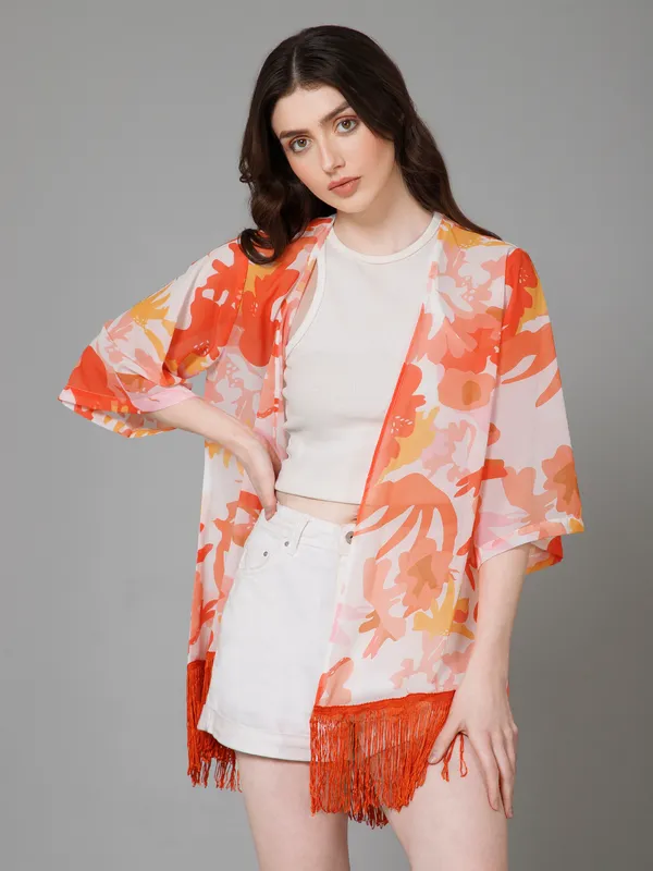 White_&_Orange_Georgette_Floral_Print_3/4Th_Sleeve_Thigh_Length_Kimono_Style_Shrug_For_Women_&_Girls