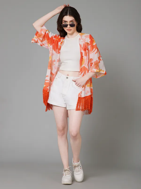 White_&_Orange_Georgette_Floral_Print_3/4Th_Sleeve_Thigh_Length_Kimono_Style_Shrug_For_Women_&_Girls