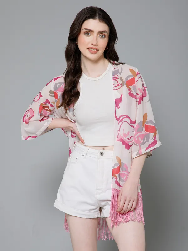 White_&_Pink_Georgette_Abstract_3/4Th_Sleeve_Thigh_Length_Kimono_Style_Shrug_For_Women_&_Girls