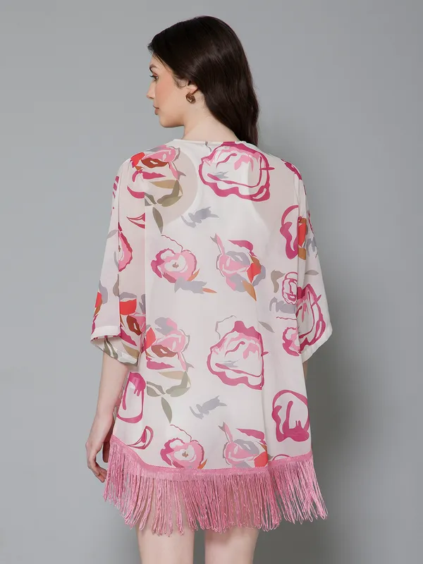 White_&_Pink_Georgette_Abstract_3/4Th_Sleeve_Thigh_Length_Kimono_Style_Shrug_For_Women_&_Girls