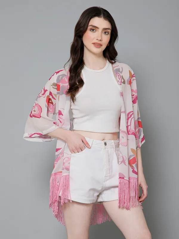 White_&_Pink_Georgette_Abstract_3/4Th_Sleeve_Thigh_Length_Kimono_Style_Shrug_For_Women_&_Girls