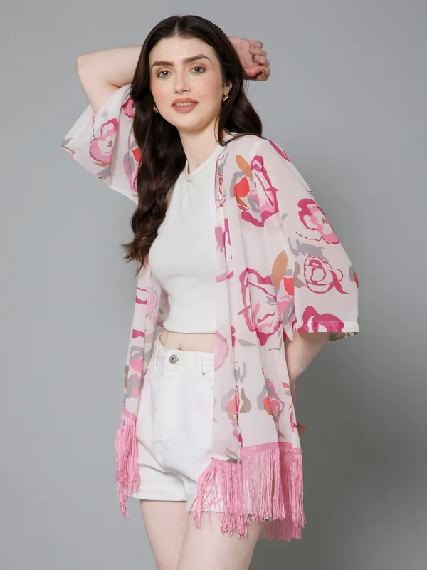 White_&_Pink_Georgette_Abstract_3/4Th_Sleeve_Thigh_Length_Kimono_Style_Shrug_For_Women_&_Girls