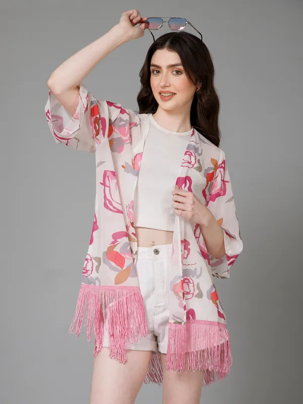 White_&_Pink_Georgette_Abstract_3/4Th_Sleeve_Thigh_Length_Kimono_Style_Shrug_For_Women_&_Girls