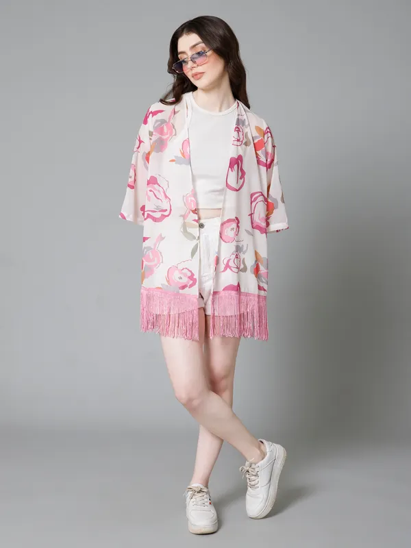 White_&_Pink_Georgette_Abstract_3/4Th_Sleeve_Thigh_Length_Kimono_Style_Shrug_For_Women_&_Girls