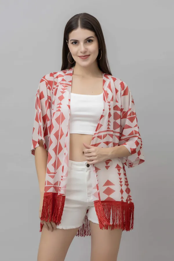 White_&_Red_Georgette_Abstract_3/4Th_Sleeve_Thigh_Length_Kimono_Style_Shrug_For_Women_&_Girls