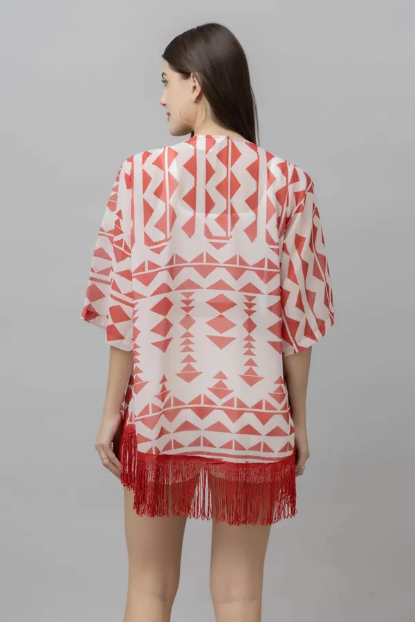 White_&_Red_Georgette_Abstract_3/4Th_Sleeve_Thigh_Length_Kimono_Style_Shrug_For_Women_&_Girls