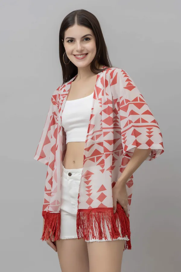 White_&_Red_Georgette_Abstract_3/4Th_Sleeve_Thigh_Length_Kimono_Style_Shrug_For_Women_&_Girls