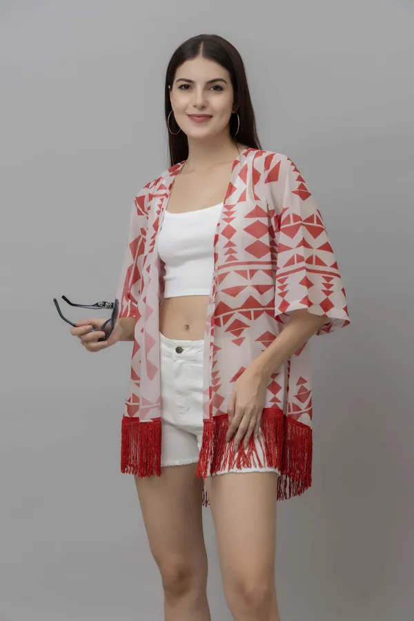 White_&_Red_Georgette_Abstract_3/4Th_Sleeve_Thigh_Length_Kimono_Style_Shrug_For_Women_&_Girls