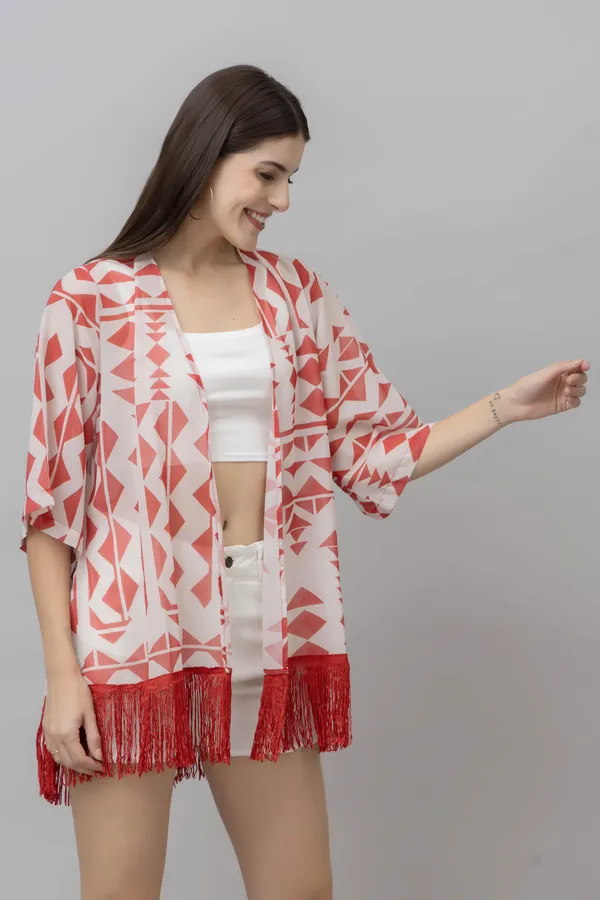 White_&_Red_Georgette_Abstract_3/4Th_Sleeve_Thigh_Length_Kimono_Style_Shrug_For_Women_&_Girls