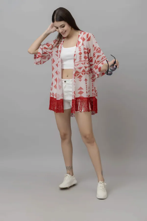 White_&_Red_Georgette_Abstract_3/4Th_Sleeve_Thigh_Length_Kimono_Style_Shrug_For_Women_&_Girls