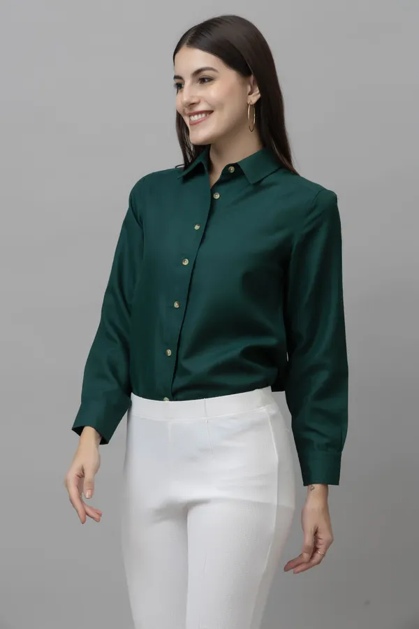 Dark_Green_Linen_Blend_Solid_Full_Sleeve_Hip_Length_Shirt_For_Women