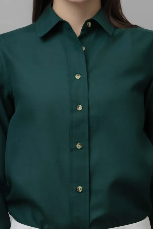 Dark_Green_Linen_Blend_Solid_Full_Sleeve_Hip_Length_Shirt_For_Women